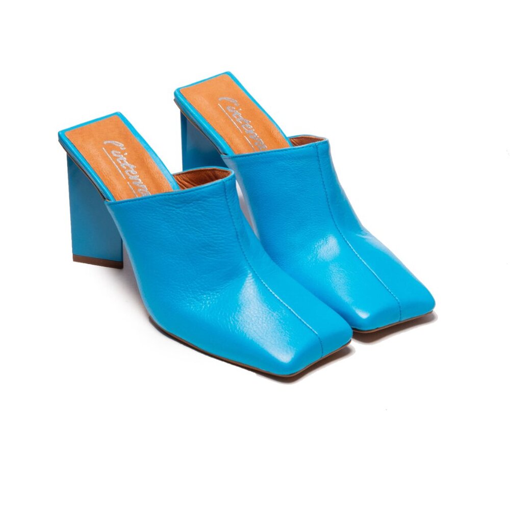 L'INTERVALLE Turquoise Blue Leather Block Heel Mules
